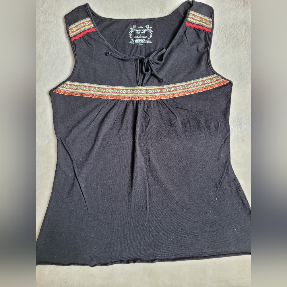 Size L - 100% cotton Energie black sleeveless tank with bohemian detail